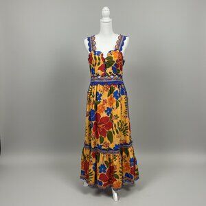 FARM Rio marigold/cobalt Floral Yard dress, Size L